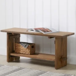 Kirkland's Home Aged Brown Acacia Wood Board Bench- Benches & Ottomans