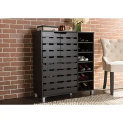 Kirkland's Home Aldrich Black Slatted Shoe Storage Cabinet- Entryway Furniture
