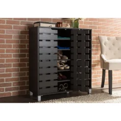 Kirkland's Home Aldrich Black Slatted Shoe Storage Cabinet- Entryway Furniture