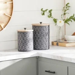 Kirkland's Home And White Embossed Diamond Jars, Set Of 2- Decorative Bowls & Jars