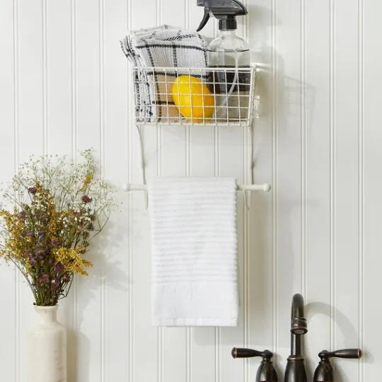 Kirkland's Home Antique White Wire Basket Towel Rack- Wall Storage