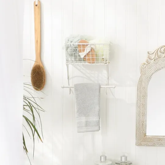 Kirkland's Home Antique White Wire Basket Towel Rack- Wall Storage