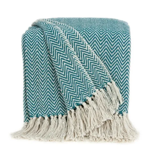 Kirkland's Home Aqua Chevron Cotton Handloomed Tassel Throw- Blankets & Throws