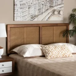 Kirkland's Home Ash Walnut Wood Rattan Frame King Headboard- Beds & Headboards