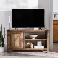 Kirkland's Home Barn Door Rustic Oak Tv Stand With Open Shelves- Tv Stands & Media Consoles