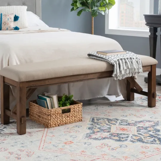 Kirkland's Home Basketweave Upholstered Wood Bench- Benches & Ottomans