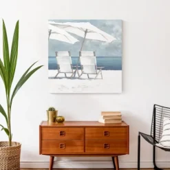 Kirkland's Home Beach Chairs And Umbrella Coastal Canvas Art Print- Canvas Art