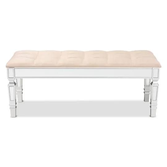Kirkland's Home Beige Button Tufted Bench With Mirrored Base- Benches & Ottomans