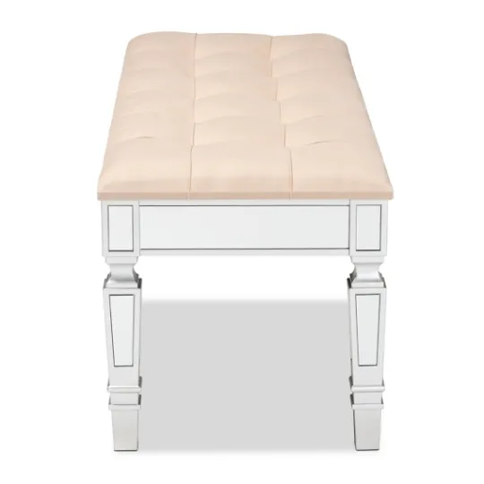 Kirkland's Home Beige Button Tufted Bench With Mirrored Base- Benches & Ottomans