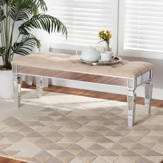 Kirkland's Home Beige Button Tufted Bench With Mirrored Base- Benches & Ottomans