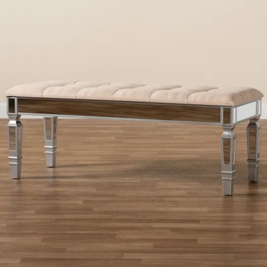Kirkland's Home Beige Button Tufted Bench With Mirrored Base- Benches & Ottomans