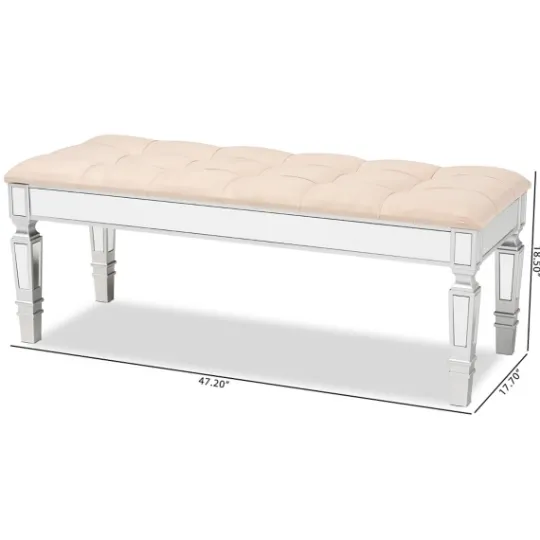 Kirkland's Home Beige Button Tufted Bench With Mirrored Base- Benches & Ottomans
