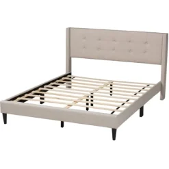 Kirkland's Home Beige Button Tufted Headboard Full Platform Bed- Beds & Headboards