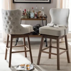 Kirkland's Home Beige Button Tufted Swivel Bar Stools, Set Of 2- Bar Stools & Counter Height Stools