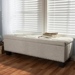 Kirkland's Home Beige Button-Tufted Upholstered Storage Bench- Benches & Ottomans