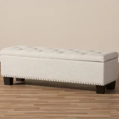Kirkland's Home Beige Button-Tufted Upholstered Storage Bench- Benches & Ottomans