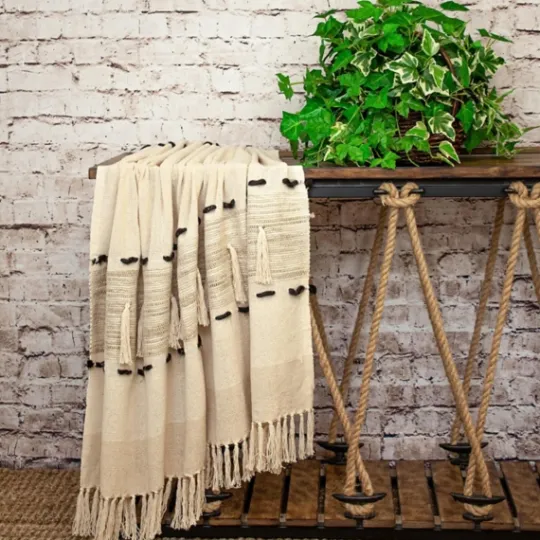 Kirkland's Home Beige Chunky Stitch Cotton Throw- Blankets & Throws