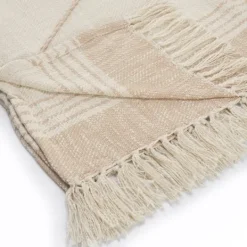 Kirkland's Home Beige Cotton Diamond Geometric Fringe Throw- Blankets & Throws