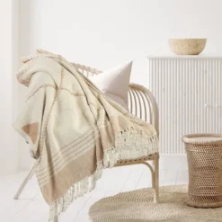 Kirkland's Home Beige Cotton Diamond Geometric Fringe Throw- Blankets & Throws