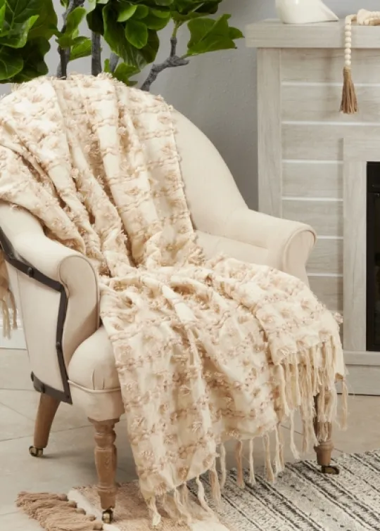 Kirkland's Home Beige Dotted Fringe Throw Blanket- Blankets & Throws