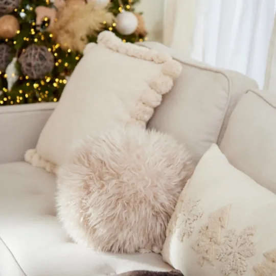 Kirkland's Home Beige Faux Fur Sphere Pillow- Pillows