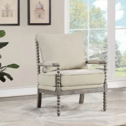 Kirkland's Home Beige Liam Turned Leg Accent Chair- Accent Chairs