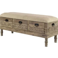 Kirkland's Home Beige Upholstered Acanthus Carved Wooden Bench- Benches & Ottomans