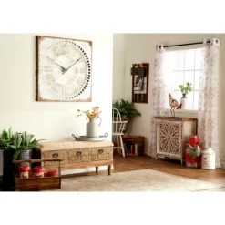Kirkland's Home Beige Upholstered Acanthus Carved Wooden Bench- Benches & Ottomans