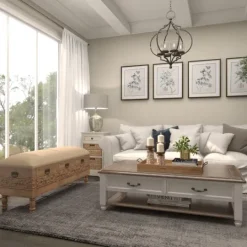 Kirkland's Home Beige Upholstered Acanthus Carved Wooden Bench- Benches & Ottomans