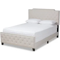 Kirkland's Home Beige Upholstered Button Tufted King Panel Bed- Beds & Headboards