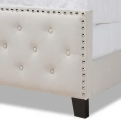 Kirkland's Home Beige Upholstered Button Tufted King Panel Bed- Beds & Headboards