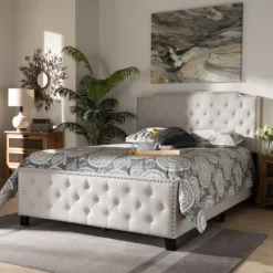 Kirkland's Home Beige Upholstered Button Tufted King Panel Bed- Beds & Headboards