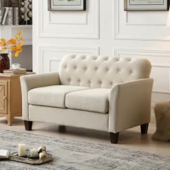 Kirkland's Home Beige Upholstered Button Tufted Loveseat- Sofas & Loveseats