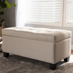 Kirkland's Home Beige Upholstered Storage Ottoman- Benches & Ottomans