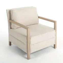 Kirkland's Home Beige Upholstered Wood Arm Accent Chair- Accent Chairs