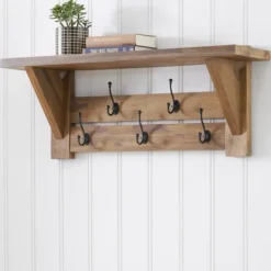 Kirkland's Home Beth Acacia Wood Wall Shelf With Hooks- Hooks