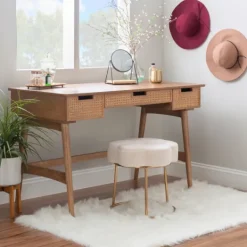 Kirkland's Home Birch Wood And Rattan Desk- Office Furniture