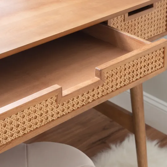 Kirkland's Home Birch Wood And Rattan Desk- Office Furniture