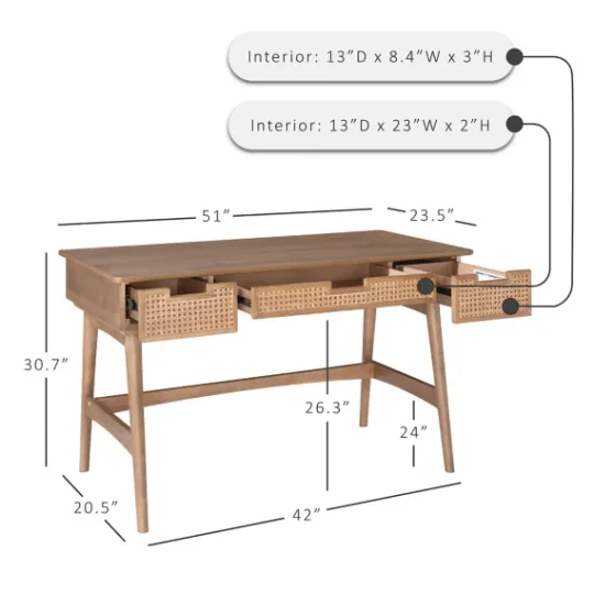 Kirkland's Home Birch Wood And Rattan Desk- Office Furniture