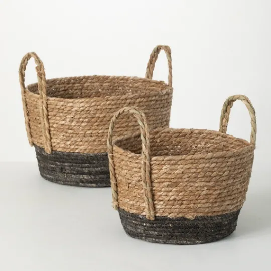 Kirkland's Home Black And Natural Rattan Woven Baskets, Set Of 2- Baskets & Boxes