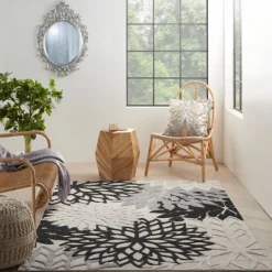Kirkland's Home Black And White Floral Outdoor Area Rug, 5X7- Outdoor Rugs