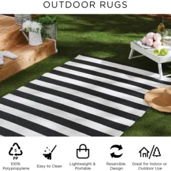 Kirkland's Home Black And White Rugby Stripe Outdoor Area Rug, 5X8- Outdoor Rugs