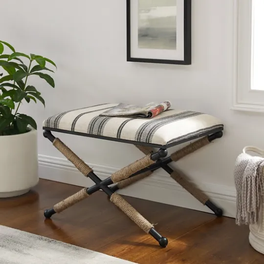 Kirkland's Home Black And White Striped Upholstered Ottoman- Benches & Ottomans