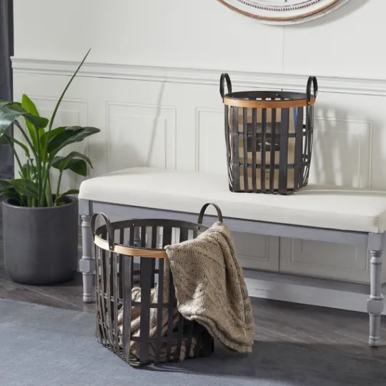 Kirkland's Home Black Bamboo Metal Woven Baskets, Set Of 2- Baskets & Boxes