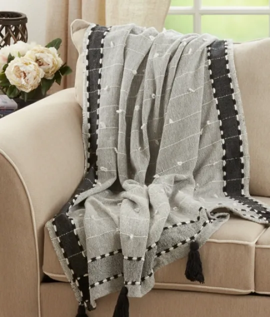 Kirkland's Home Black Banded Tassel Edge Throw- Blankets & Throws
