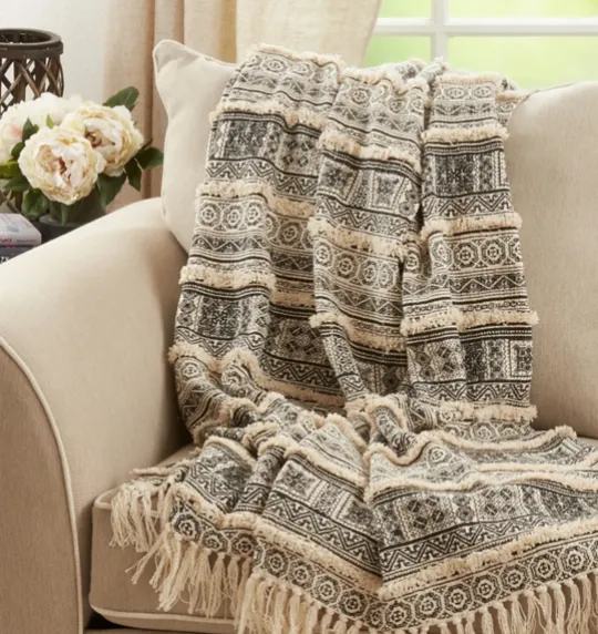Kirkland's Home Black Beige Block Print Throw Blanket- Blankets & Throws