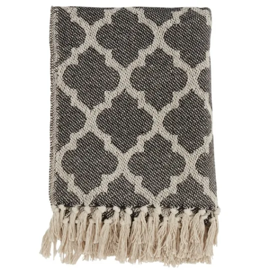 Kirkland's Home Black Beige Fringe Geometric Throw Blanket- Blankets & Throws