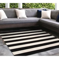 Kirkland's Home Black Cabana Stripe Indoor/Outdoor Area Rug, 8X8- Outdoor Rugs