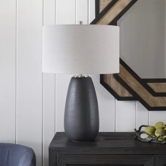 Kirkland's Home Black Ceramic Gridline Table Lamp- Table Lamps