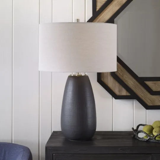 Kirkland's Home Black Ceramic Gridline Table Lamp- Table Lamps